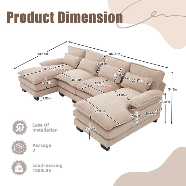 English Elm United We Win U-Shaped Chenille Sectional Couch, 4-Seat Modular Sofa With Memory Foam & Storage W1568S00219-GIGA