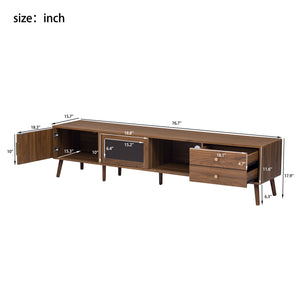 English Elm 76" Modern Minimal TV Stand with Waveform Glass Doors, Soft-Close Drawers, Cable Management, Solid Wood Legs (Fits TVs up to 85") N710P298234P