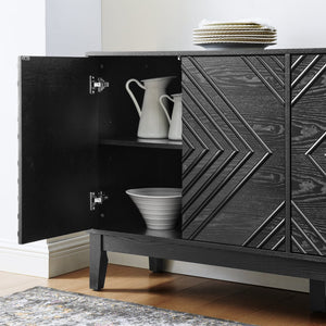 English Elm 60.5'' Buffet Cabinet with Fluted Geometric Doors, Mid-Century Sideboard with Adjustable Shelves & Outlet Holes Black W1801P288508