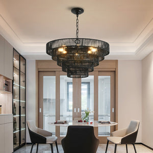 English Elm 24" Rustic 5-Tier Black Hemp Rope Chandelier – 8 E12 Sockets, Adjustable 150cm, Boho Farmhouse Fixture W1340P241299