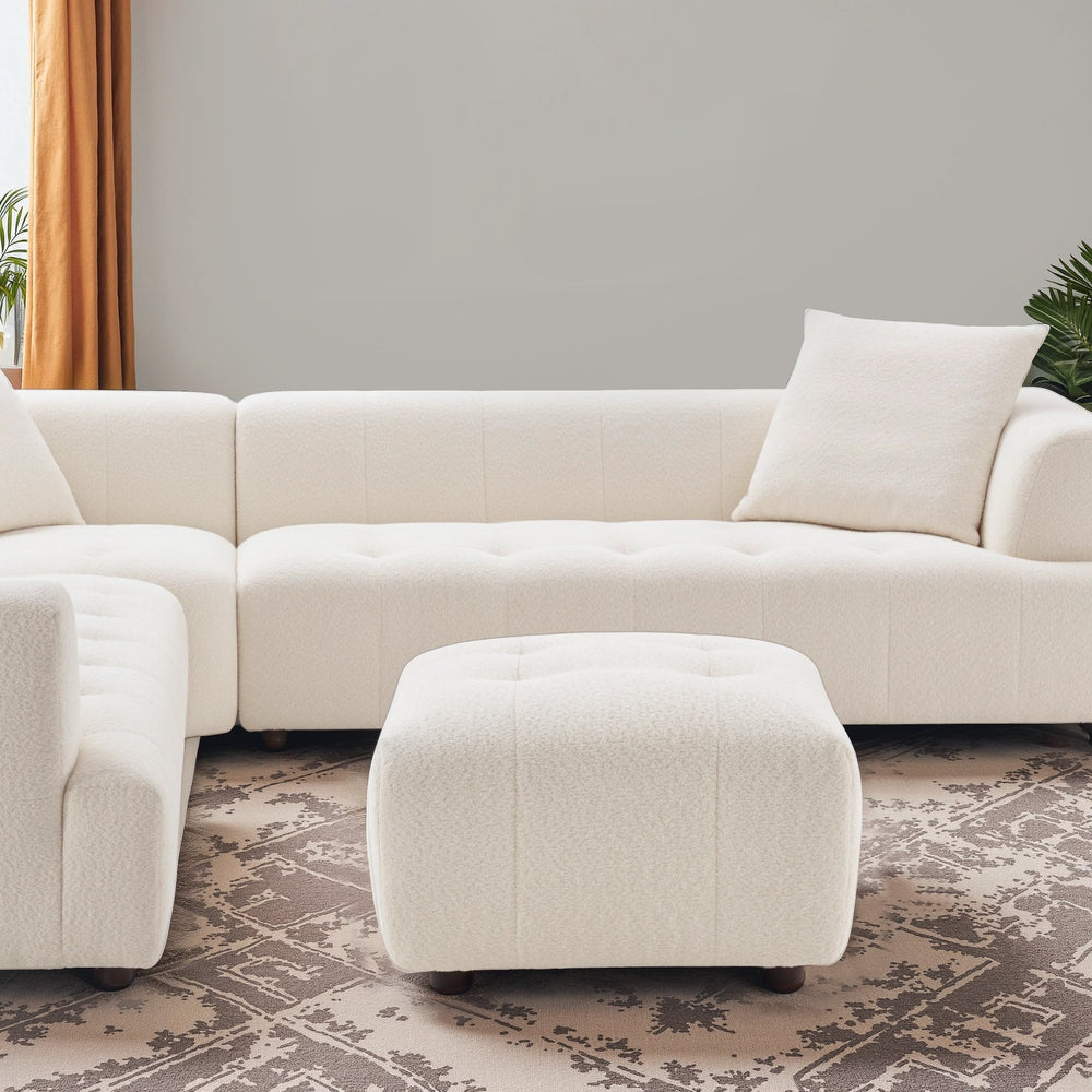 English Elm Kaynes Boucle Tufted Ottoman Ivory Upholstered Accent Footrest for Modern Living Rooms B183P423275