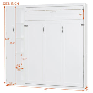 English Elm Full Size Murphy Bed with Open Shelving Wardrobe and Led Lighting for Studio Spaces White LP000898AAK-1