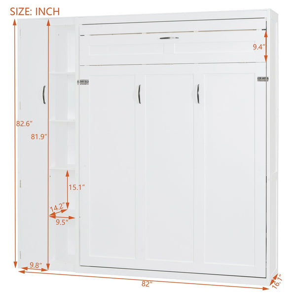 English Elm Full Size Murphy Bed with Open Shelving Wardrobe and Led Lighting for Studio Spaces White LP000898AAK-1