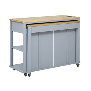 English Elm K&k Farmhouse Kitchen Island Extendable Table Rubber Wood Veneer Built-in Charging Storage Grey+Blue N707S215327G