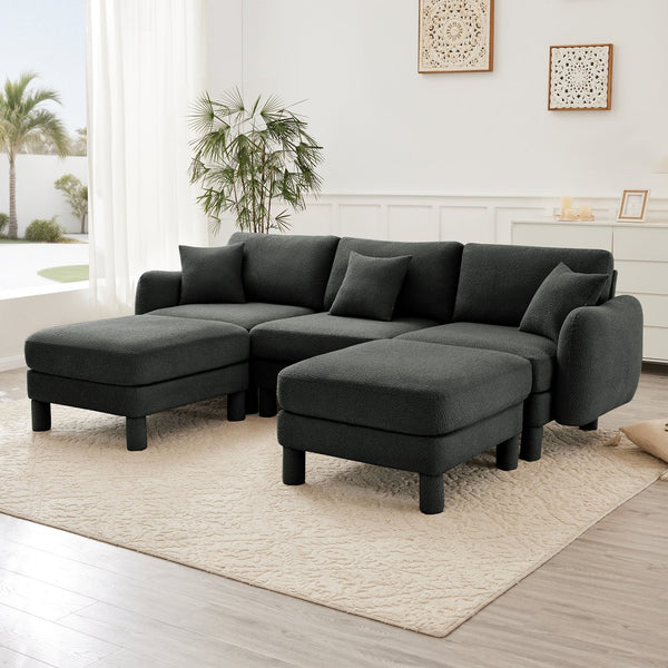 English Elm Boucle U-Shape Sectional Sofa With Shell Armrests & Movable Ottomans - Elegant Dark Grey Comfort W3041S00302