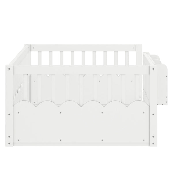 English Elm Twin Low Profile Kids Floor Bed Pine Wood Frame with Safety Rail and Built in Bookshelf White W1580P373134