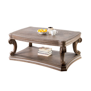 English Elm Dentil Weathered Oak Coffee Table 52"W x 32"D x 20"H with Carved Scroll Legs, Open Shelf, Sturdy Elegance B2741P360606