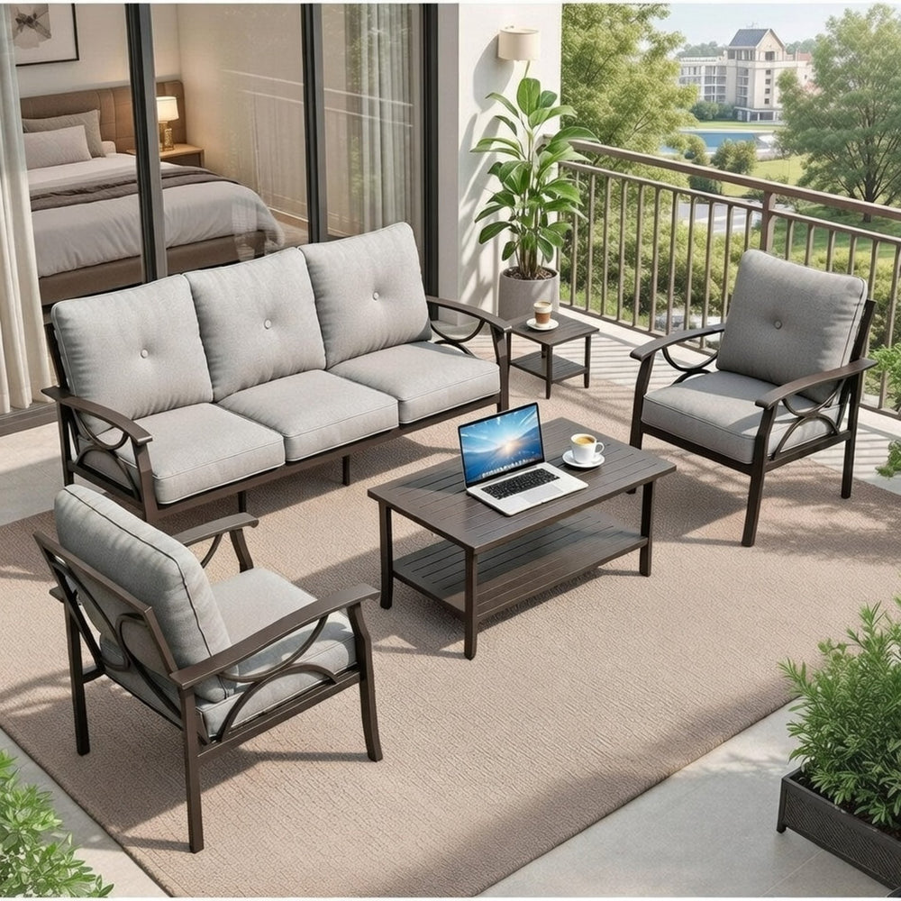 English Elm 5-piece Outdoor Conversation Set with Steel Frame Weather Resistant Cushions Patio Seating Gray B082S00128