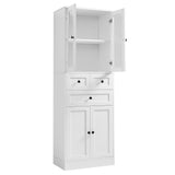 English Elm Tall Bathroom Storage Cabinet, Cabinet With Four Doors and Drawers, Adjustable Shelf, Mdf Board, White