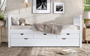English Elm Twin Solid Wood Platform Bed with Trundle and Two Drawers, White Daybed for Kids Guests Off White W1580S00262
