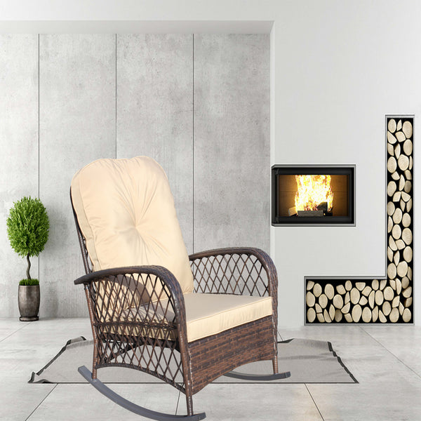 English Elm Outdoor Wicker Rocking Chair with Wide Seat, Thick Removable Cushion, Steel Frame, Weather-Resistant Rocker for Patio Garden Relaxation Brown W209P265093