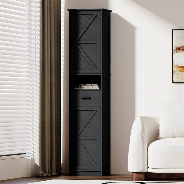 English Elm 69" Slim Tall Storage Cabinet with Barn Doors and Drawer for Small Spaces, Adjustable Shelves, Sturdy Black W2386P207750