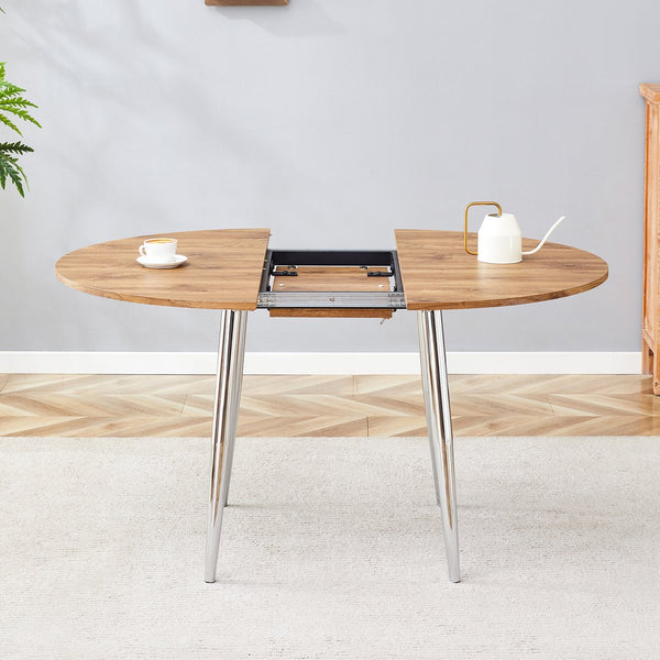 English Elm With Retractable Leaf Round Oval Mdf Top and Sleek Metal Legs Modern Dining Table Silver,Wood W1151S03944