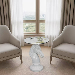 English Elm Horse Head Sculpted Resin End Table with Faux Marble Top for Bold Living Rooms White W5398P454678