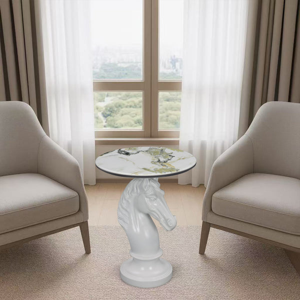 English Elm Horse Head Sculpted Resin End Table with Faux Marble Top for Bold Living Rooms White W5398P454678