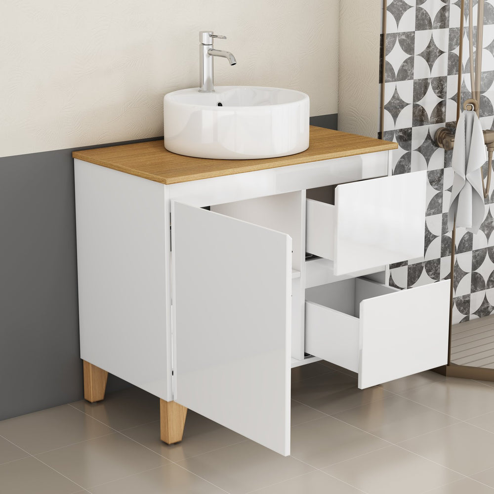 English Elm 31.5-inch Bathroom Vanity Solid Wood Top Ceramic Basin Soft Close Glossy White W3151S00069