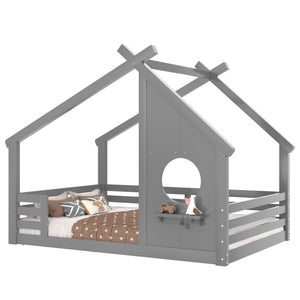 English Elm Twin House Bed Low Profile Pine Wood Frame with Shelf Montessori Kids Floor Sleeping Gray W5305P429646