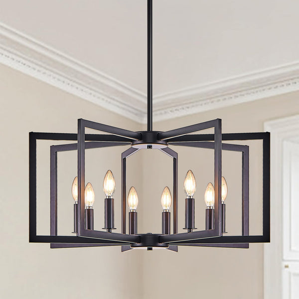 English Elm 27" Modern Geometric 8-Light Chandelier — Industrial Iron Pendant Fixture for Living Room Dining Kitchen Black W2312P368725