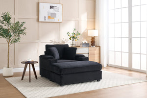 English Elm Corduroy Upholstered Chaise Lounge Sofa with Movable Ottoman, Cup Holder, Deep Seat Comfort Black W2120S00011