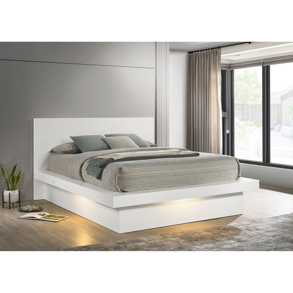 English Elm Tokyo Snow White Queen LED Panel Bed with Structured Headboard, Energy-Saving Lighting, Classic Crisp Finish B062S00658