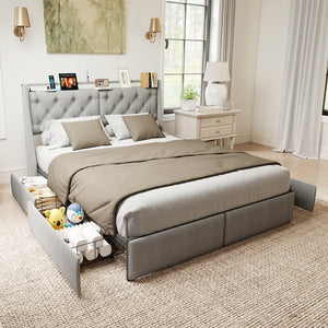 English Elm Queen Storage Platform Bed with Rgb Lighting Linen Headboard and Built-in Charging T3963P437337