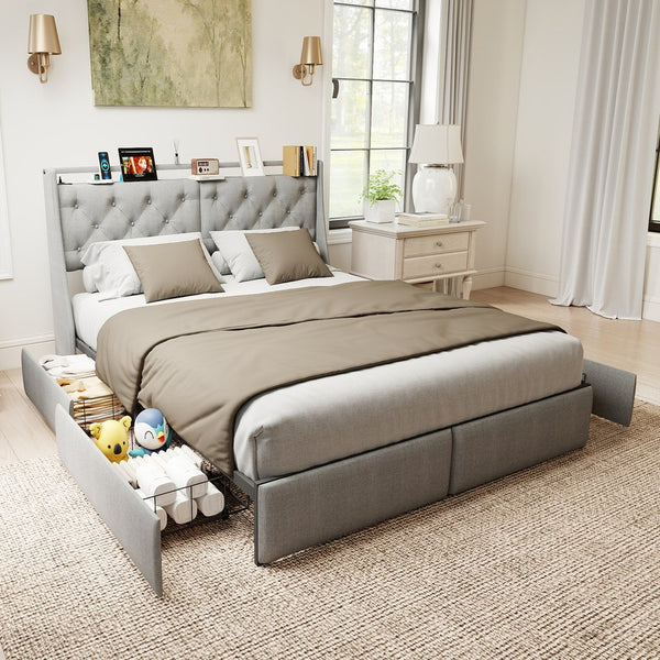 English Elm Queen Storage Platform Bed with Rgb Lighting Linen Headboard and Built-in Charging T3963P437337