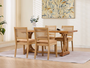 English Elm Farmhouse Rattan Back Dining Chairs Set of 2 with Linen Seat and Hardwood Legs Tan W1143P452937