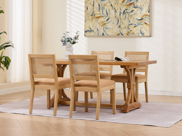 English Elm Farmhouse Rattan Back Dining Chairs Set of 2 with Linen Seat and Hardwood Legs Tan W1143P452937