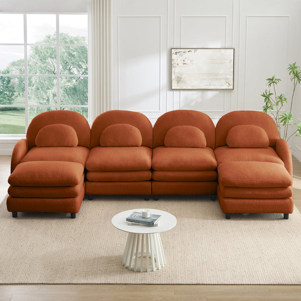 English Elm Teddy Fleece Curved Modular Sectional Sofa with Movable Ottomans for Cozy Living Rooms Orange W5656S00105