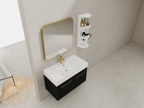 English Elm 36 Inch Wall-Mounted Bathroom Vanity Set With Thick Resin Sink, Storage Rack & Soft-Close Hinges W999S00369