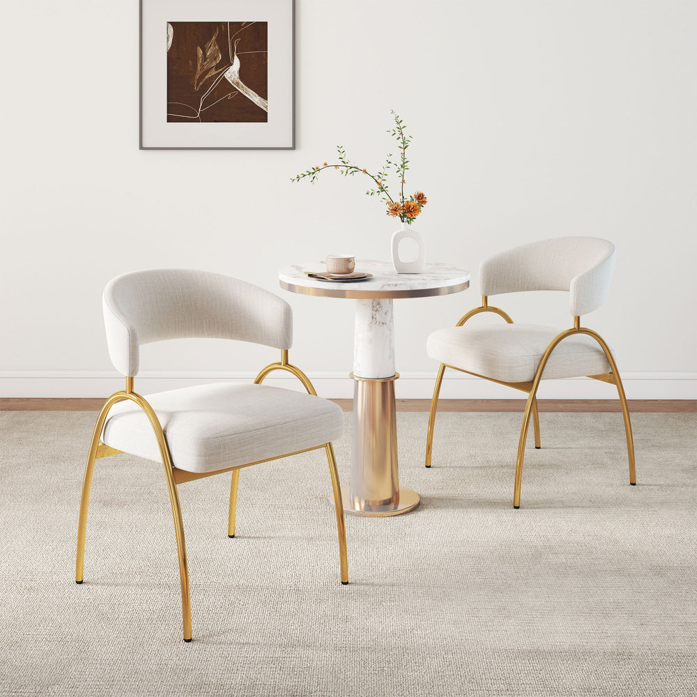 English Elm Dining Chair Set with Curved Back Gold Metal Frame Upholstered Fabric Seat Pair Beige W1567P343436