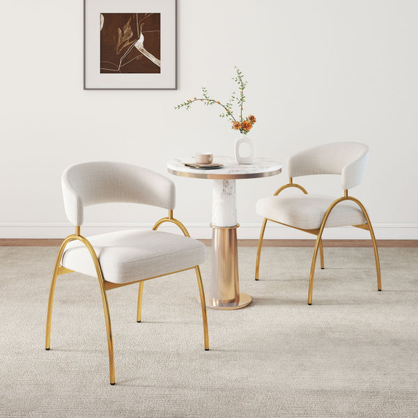 English Elm Dining Chair Set with Curved Back Gold Metal Frame Upholstered Fabric Seat Pair Beige W1567P343436