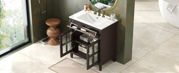 English Elm Christopher Knight Home® - 30" Bathroom Vanity with Ceramic Sink, Solid Wood Legs, Adjustable Shelf, Tip-Out Tray, Soft-Close Hinges, Silver Knobs, Moisture-Resistant Finish Dark Brown N817P286250D