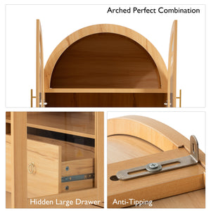 English Elm K&K Arched 71" Kitchen Pantry Cabinet with Glass Doors, Brass Handles, Adjustable Shelves & Drawer Natural N707P288969Y