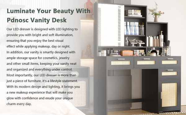 English Elm Makeup Vanity with Lights, Openable Mirror & Ample Storage Shelves, 4 Drawers and Cabinet Elegance Black W2227P160482