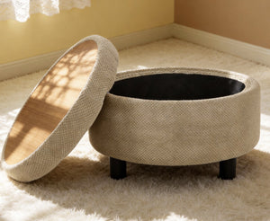 English Elm 25 Inch Round Fabric Pouf Ottoman with Removable Wooden Lid and Hidden Interior Storage Camel W5568P461369