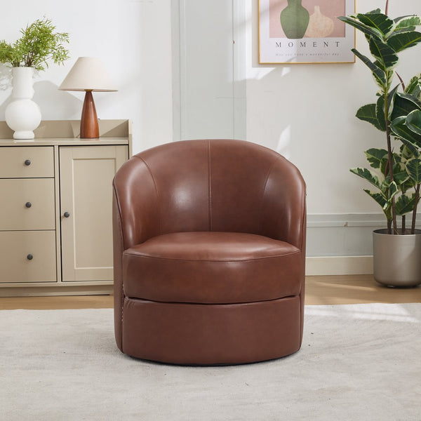 English Elm Brown Top-Grain Leather Swivel Accent Chair with 360° Silent Spin, Riveted Mid-Century Lounge, Sturdy 150kg Base W570P386950