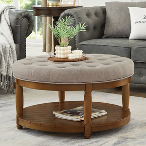 English Elm Large Round Tufted Ottoman Coffee Table with Wood Shelf for Living Room Lounge Linen W2186P212194