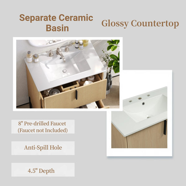 English Elm Christopher Knight Home® - 30" Bathroom Vanity With Ceramic Sink, Soft-Close Drawers & Elegant Fluted Design For Small Spaces N817P295761N