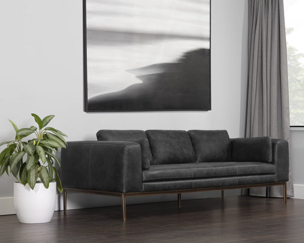 Sunpan Burr Sofa - Modern Masculine Design with Oversized Comfort and Antique Brass Accents for Your Space Serbia Black Leather