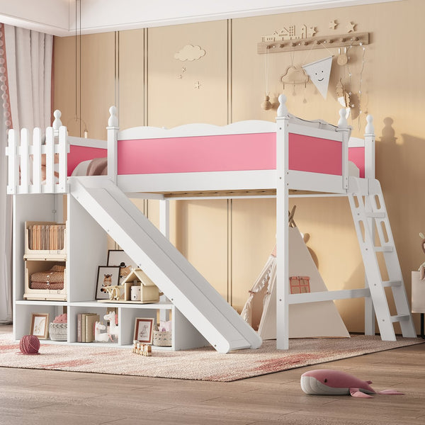 English Elm Full Loft Bed With Detachable Slide, Storage Shelves, And Cabinet In Pink & White – Fun & Functional! W1580S00245