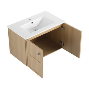 English Elm 30" Oak Wall-Mounted Bathroom Vanity with Ceramic Sink, 2 Soft-Closing Doors, Plywood Build, Space-Saving Design W1972S00022