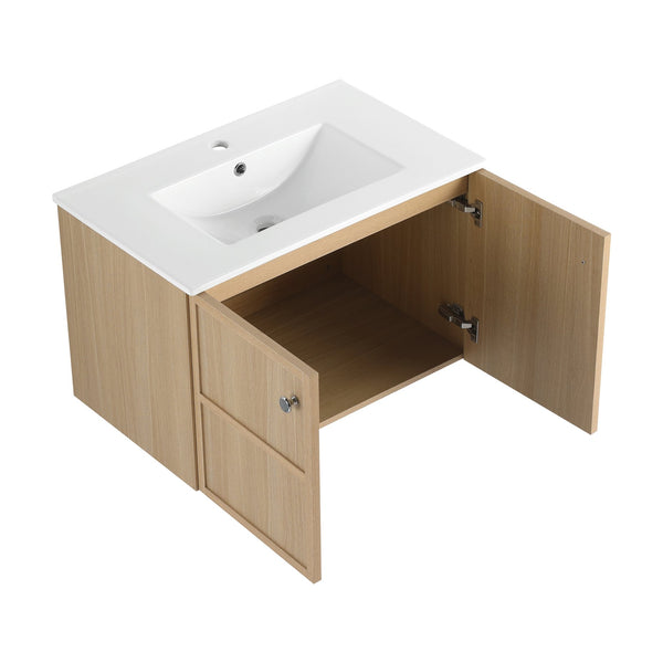 English Elm 30" Oak Wall-Mounted Bathroom Vanity with Ceramic Sink, 2 Soft-Closing Doors, Plywood Build, Space-Saving Design W1972S00022
