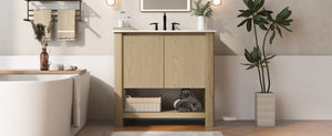 English Elm Christopher Knight Home® - 36" Modern Wall-Mounted Bathroom Vanity with Ceramic Sink, Soft-Close Doors, Fluted Accent & Open Shelves Antique Natural N817P245321N