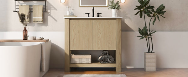 English Elm Christopher Knight Home® - 36" Modern Wall-Mounted Bathroom Vanity with Ceramic Sink, Soft-Close Doors, Fluted Accent & Open Shelves Antique Natural N817P245321N