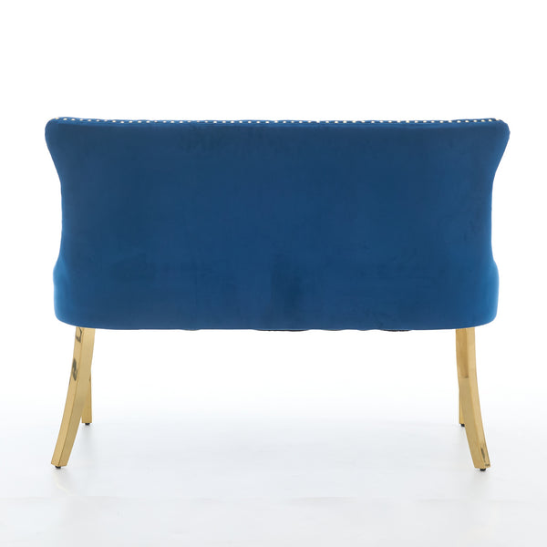 English Elm Velvet Wingback Dining Bench Tufted Two Seat Mid Century Modern Brushed Steel Base Blue W1143P406979
