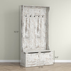 English Elm HOMCOM Entryway Hall Tree with Bench and 5 Double Hooks, Shoe Storage, Anti-Tip Mudroom Organizer White W2225P249584