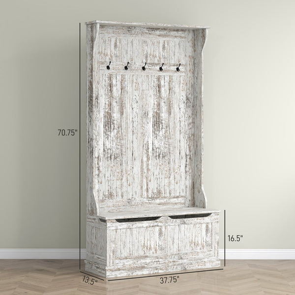 English Elm HOMCOM Entryway Hall Tree with Bench and 5 Double Hooks, Shoe Storage, Anti-Tip Mudroom Organizer White W2225P249584