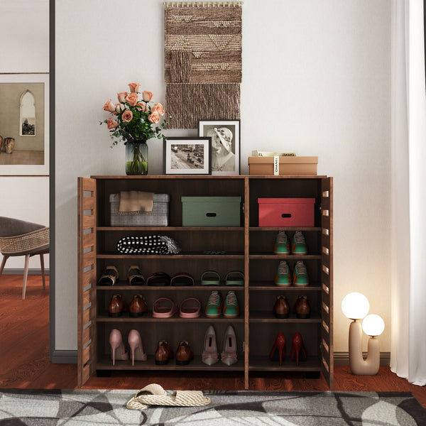 English Elm Shoe Cabinet 4-Tier Adjustable Shelves Louvered Door Shoe Rack Organizer for Entryway Hallway Walnut W331P242462