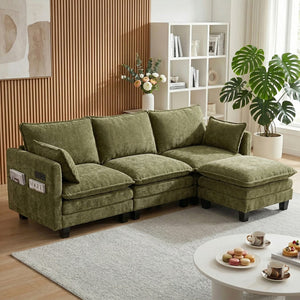 English Elm Modern Chenille Three Seat Sofa with Ottoman Usb Charging Ports and Storage Pockets Green W2519S00005